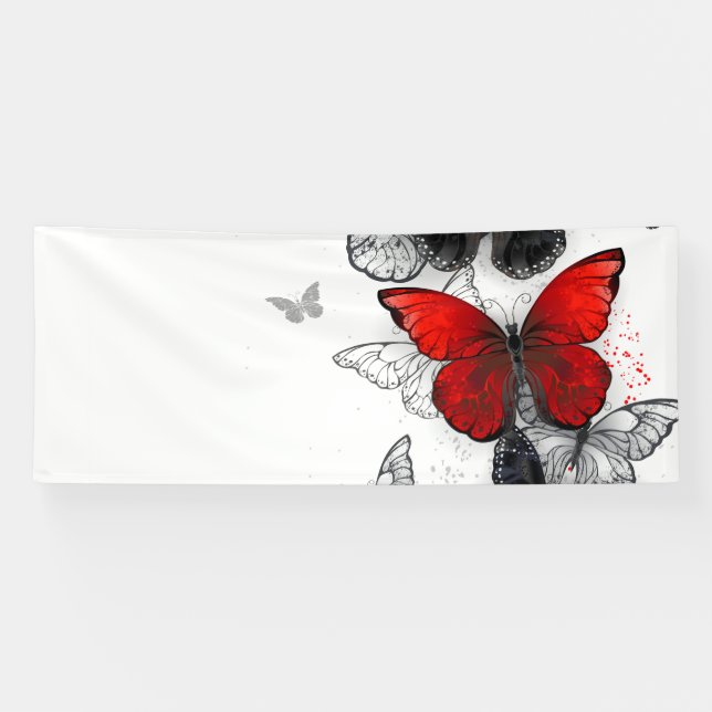 Flying Black and Red Morpho Butterflies Banner (Horizontal)