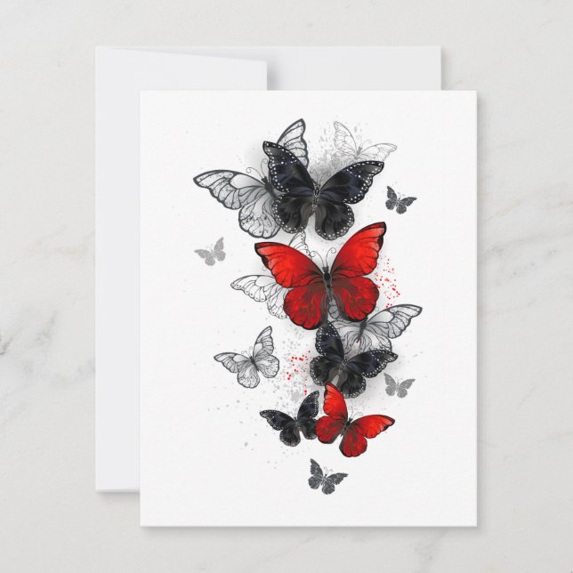 Flying Black and Red Morpho Butterflies Card (Front)