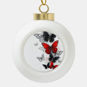 Flying Black and Red Morpho Butterflies Ceramic Ball Christmas Ornament