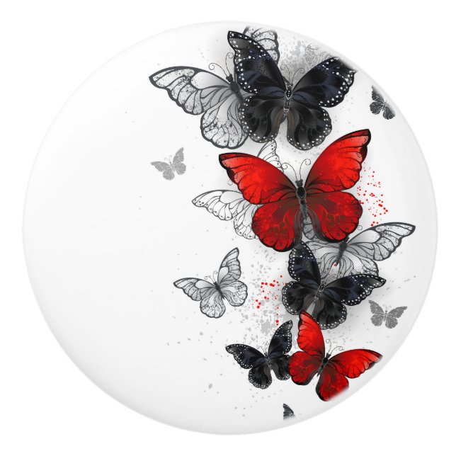 Flying Black and Red Morpho Butterflies Ceramic Knob (Front)