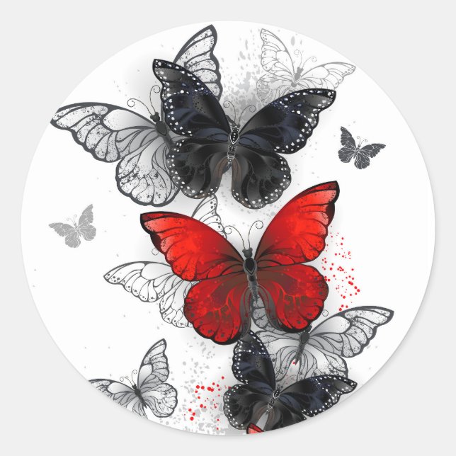 Flying Black and Red Morpho Butterflies Classic Round Sticker (Front)