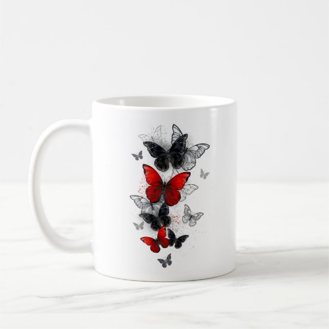 Flying Black and Red Morpho Butterflies Coffee Mug (Left)