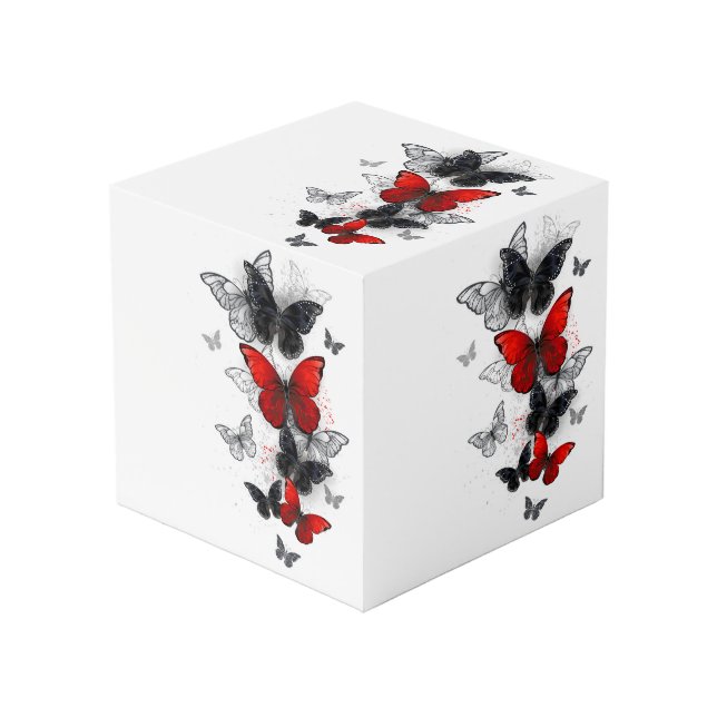 Flying Black and Red Morpho Butterflies Cube (Front Angled)