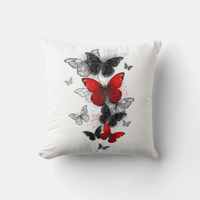 Flying Black and Red Morpho Butterflies Cushion (Front)