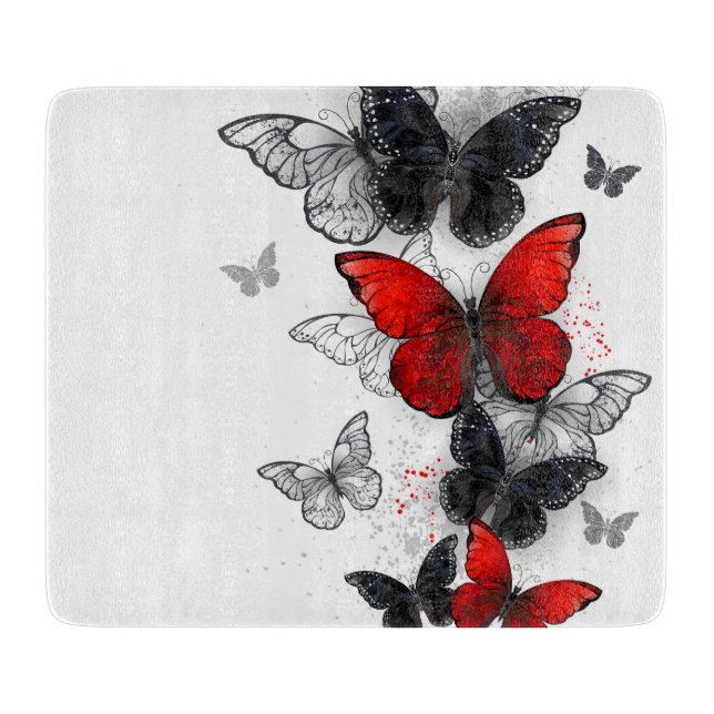 Flying Black and Red Morpho Butterflies Cutting Board (Front)