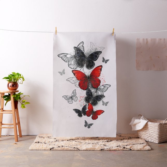 Flying Black and Red Morpho Butterflies Fabric (In Situ)