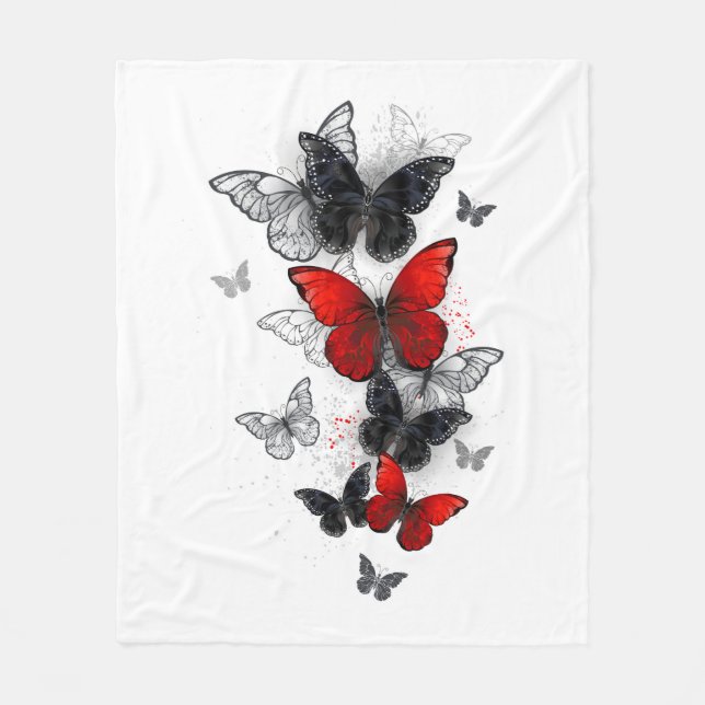 Flying Black and Red Morpho Butterflies Fleece Blanket (Front)