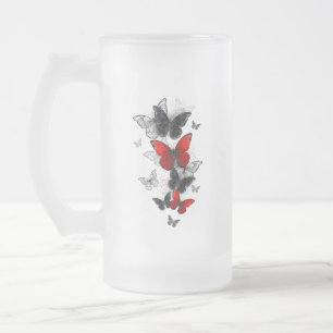 Flying Black and Red Morpho Butterflies Frosted Glass Beer Mug