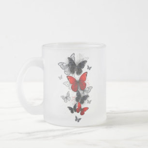 Flying Black and Red Morpho Butterflies Frosted Glass Coffee Mug