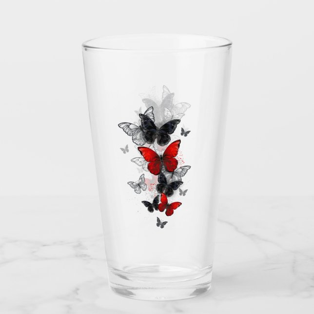 Flying Black and Red Morpho Butterflies Glass (Front)