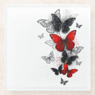 Flying Black and Red Morpho Butterflies Glass Coaster