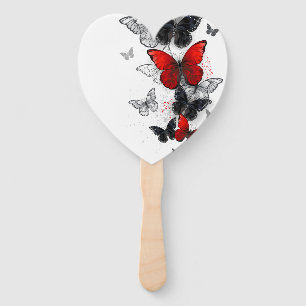 Flying Black and Red Morpho Butterflies Hand Fan