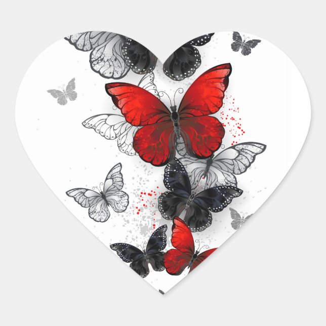Flying Black and Red Morpho Butterflies Heart Sticker (Front)