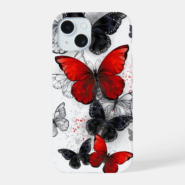 Flying Black and Red Morpho Butterflies iPhone 15 Case (Back)