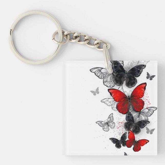 Flying Black and Red Morpho Butterflies Key Ring (Front)