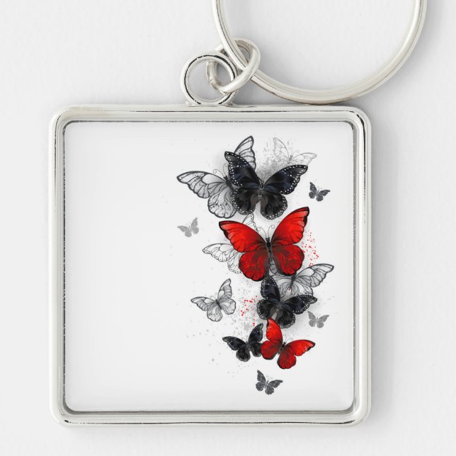 Flying Black and Red Morpho Butterflies Key Ring (Front)
