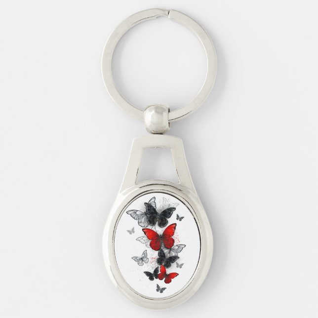 Flying Black and Red Morpho Butterflies Key Ring (Front)
