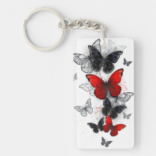 Flying Black and Red Morpho Butterflies Key Ring