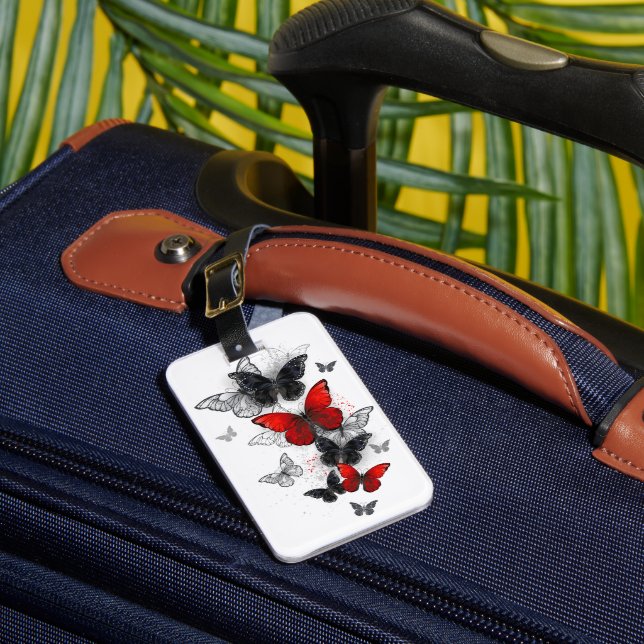 Flying Black and Red Morpho Butterflies Luggage Tag (Front Insitu 1)