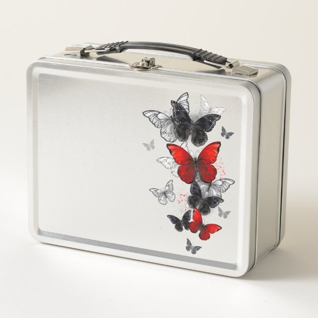 Flying Black and Red Morpho Butterflies Metal Lunch Box (Front)