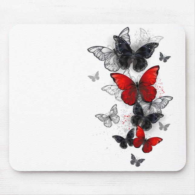 Flying Black and Red Morpho Butterflies Mouse Mat (Front)