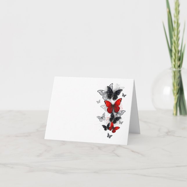 Flying Black and Red Morpho Butterflies Note Card (Front)