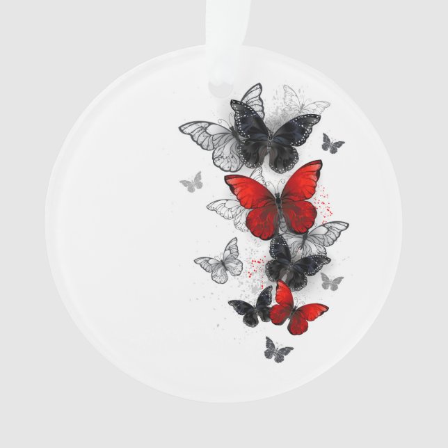 Flying Black and Red Morpho Butterflies Ornament (Front)
