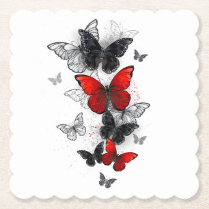 Flying Black and Red Morpho Butterflies Paper Coaster