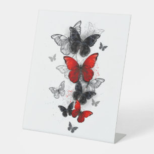 Flying Black and Red Morpho Butterflies Pedestal Sign