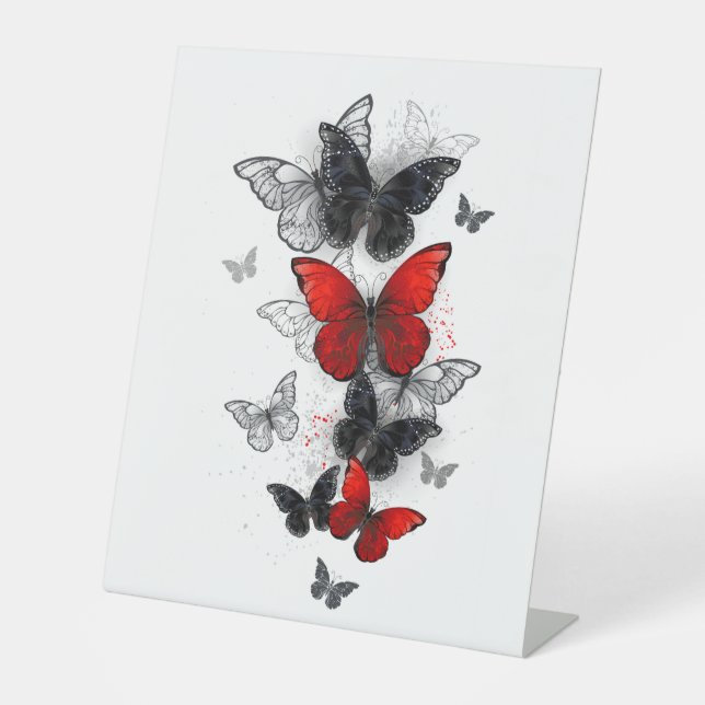 Flying Black and Red Morpho Butterflies Pedestal Sign (Front)