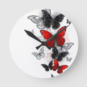 Flying Black and Red Morpho Butterflies Round Clock