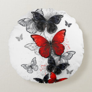 Flying Black and Red Morpho Butterflies Round Cushion