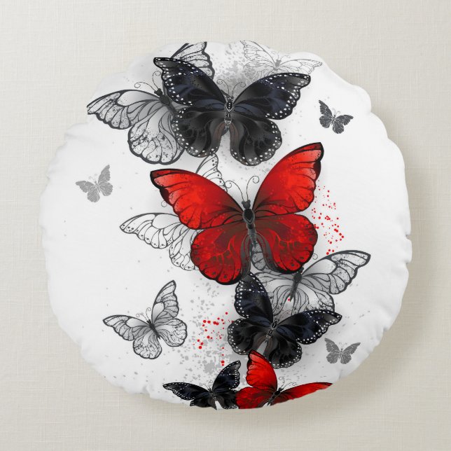Flying Black and Red Morpho Butterflies Round Cushion (Front)