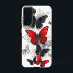Flying Black and Red Morpho Butterflies Samsung Galaxy Case<br><div class="desc">Flock of flying,  realistic,  red and black morpho butterflies on white background with drops of paint.</div>
