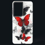 Flying Black and Red Morpho Butterflies Samsung Galaxy Case<br><div class="desc">Flock of flying,  realistic,  red and black morpho butterflies on white background with drops of paint.</div>