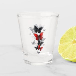Flying Black and Red Morpho Butterflies Shot Glass