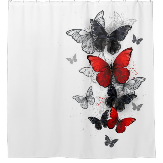 Flying Black and Red Morpho Butterflies Shower Curtain (Front)