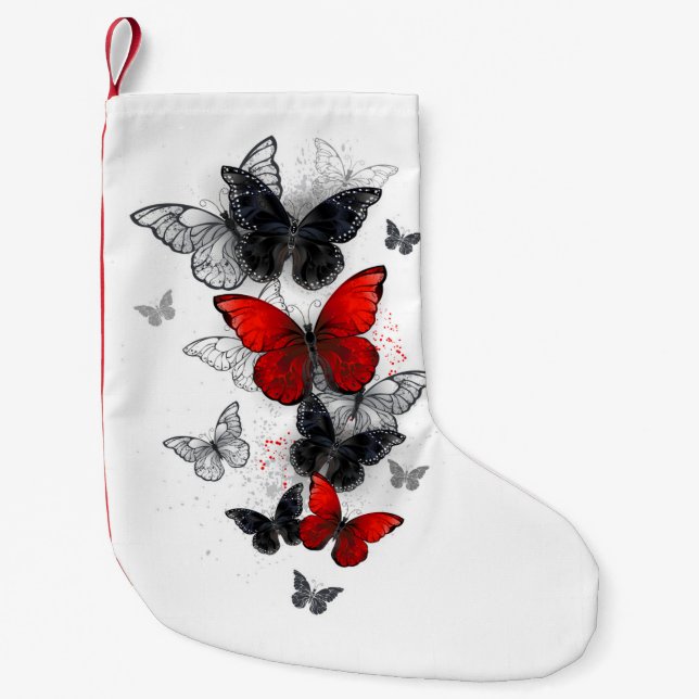 Flying Black and Red Morpho Butterflies Small Christmas Stocking (Front)