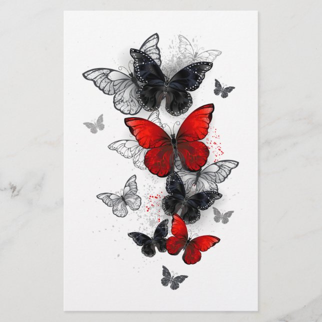 Flying Black and Red Morpho Butterflies Stationery (Front)