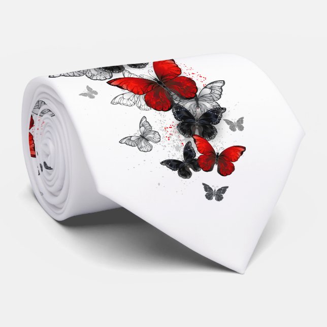Flying Black and Red Morpho Butterflies Tie (Rolled)