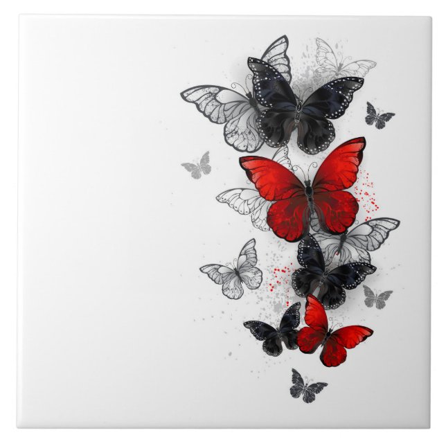 Flying Black and Red Morpho Butterflies Tile (Front)