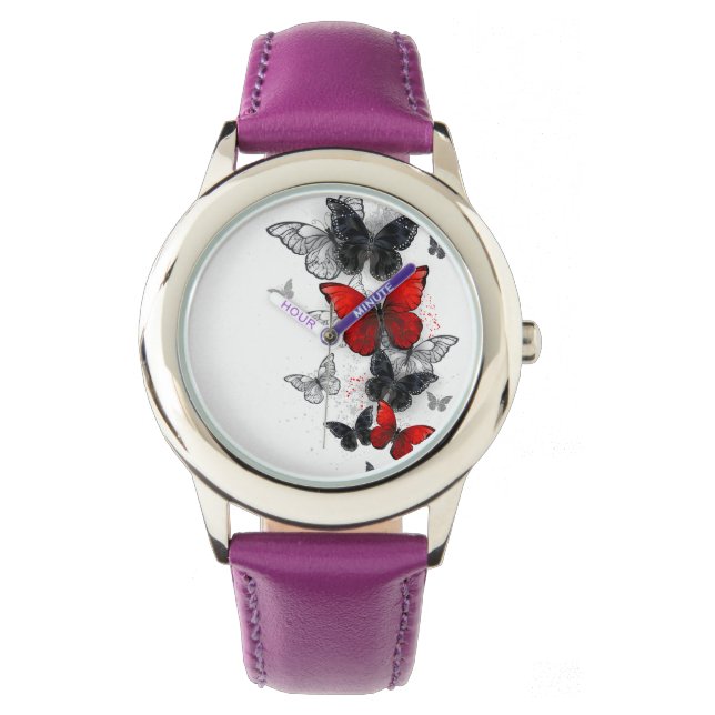 Flying Black and Red Morpho Butterflies Watch (Front)