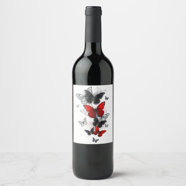 Flying Black and Red Morpho Butterflies Wine Label (Front)