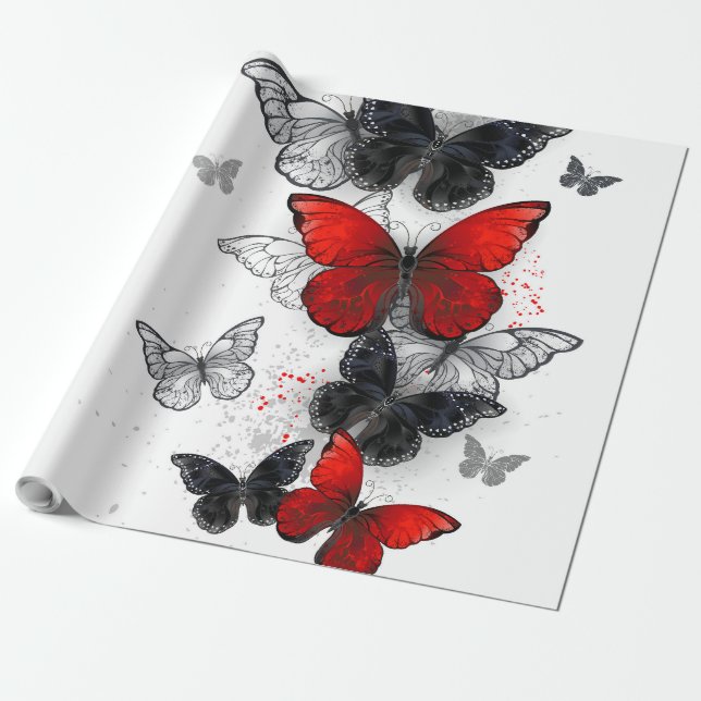 Flying Black and Red Morpho Butterflies Wrapping Paper (Unrolled)