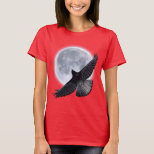 Flying Black Raven Embracing the Moon Design T-Shirt