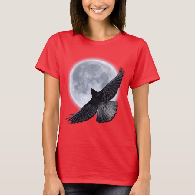 Flying Black Raven Embracing the Moon Design T-Shirt (Front)