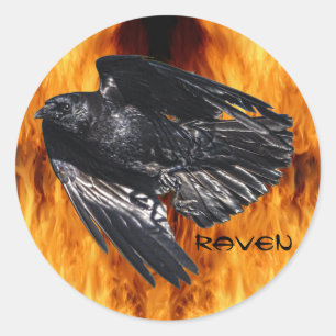 Flying Black Raven & Flames Photo Design 7 Classic Round Sticker