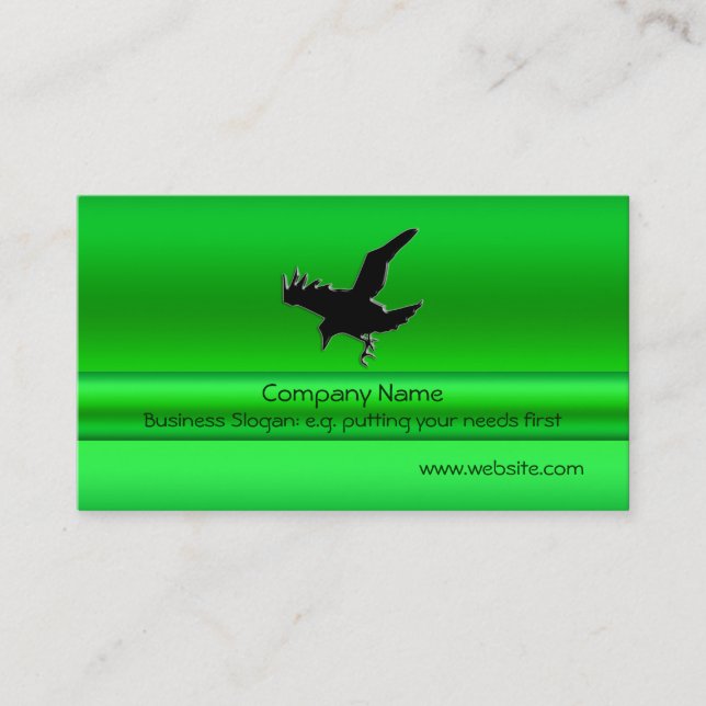 Flying Black Raven on green metallic-look effect Business Card (Front)