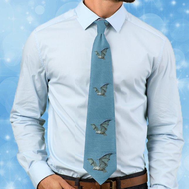 Flying Blue 3D Bat Tie (Flying spooky blue bats with white faces on blue neck tie.)