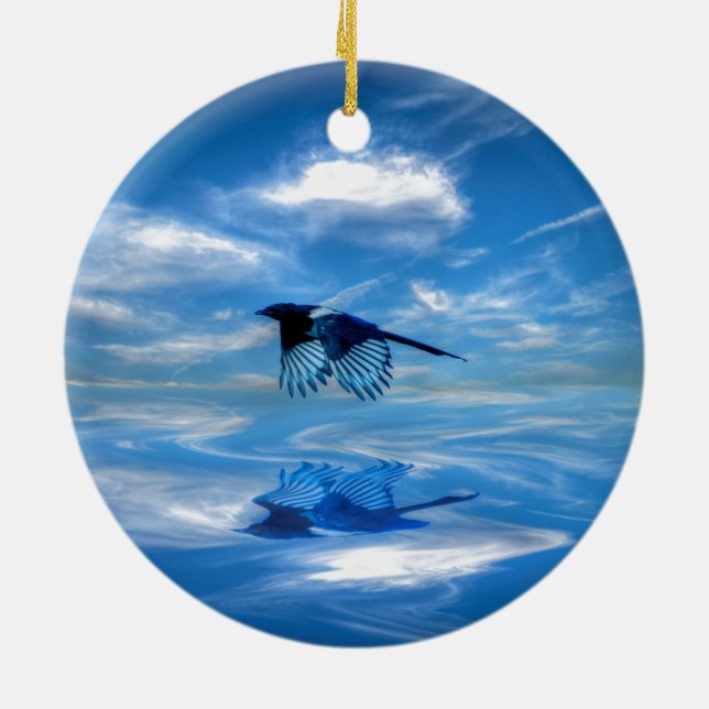Flying Blue Magpie & Reflected Sky Ceramic Tree Decoration (Back)